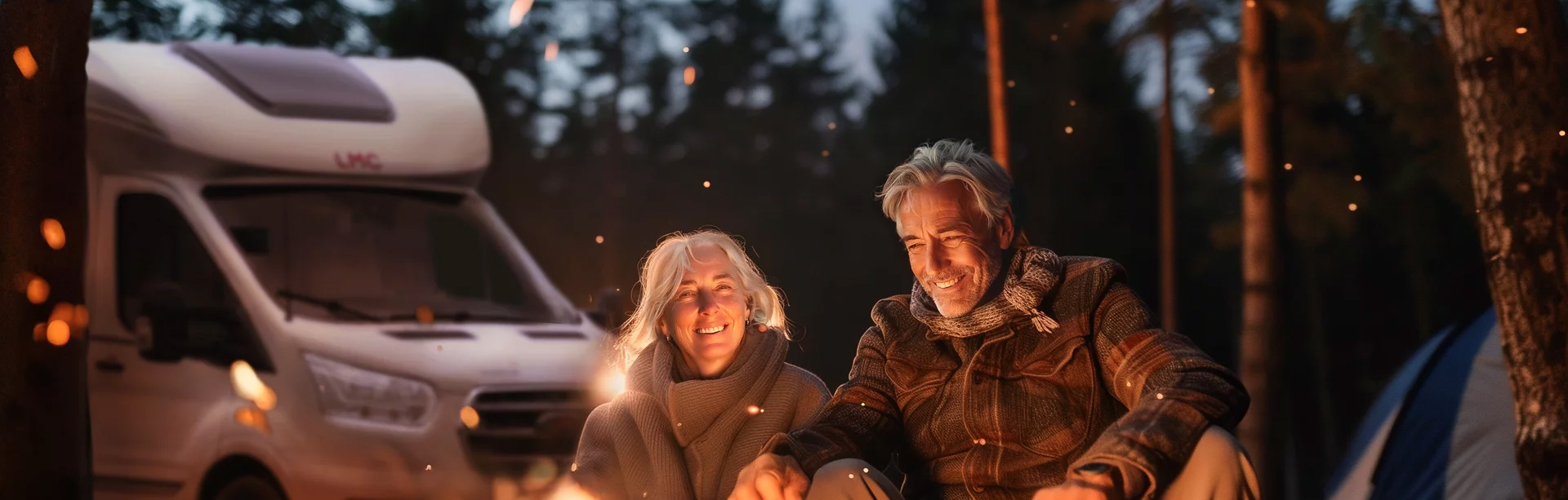 LMC Wohnmobil mit Camper am Lagerfeuer